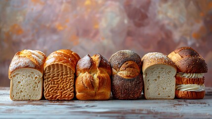 Variety of different shaped baked breads placed on grey surface