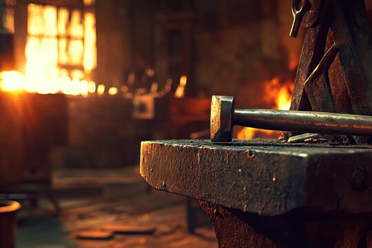 Hammer striking an anvil in a glowing blacksmith workshop. AI generated image