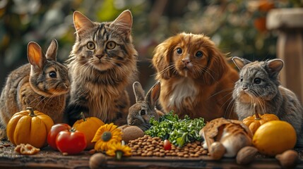 Beautiful wild animals sitting in front of wooden tables full of fresh vegetables in blur background
