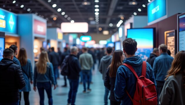 Large crowd explores tech expo booths. Attendees engage with displays, banners. Expo features latest innovations, technology. Buzzing atmosphere, interactive exhibits showcase new trends in industry.