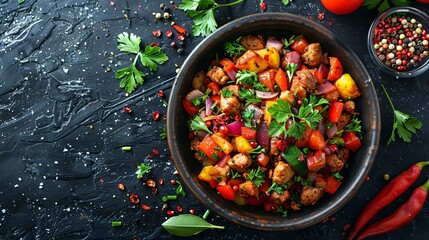 A bowl of mix vegetables salad served with fresh parsley and some spices placed on dark table