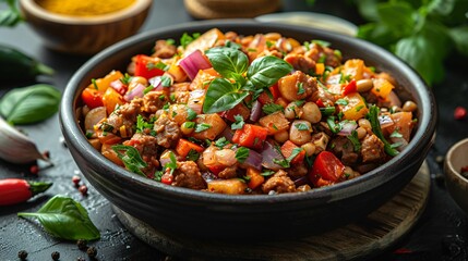 Delicious bowl filled with variety of vegetables and chick peas served with herbs and spices placed on wooden table