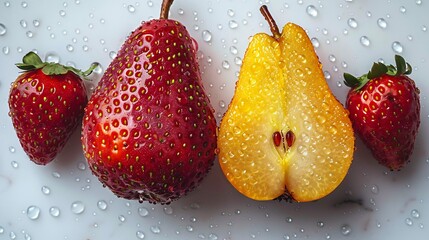 Beautiful close up of strawberry and peach with water drops on it placed on white background