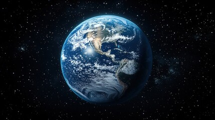 Detailed view of Earth from space showing North and South America with vibrant blue oceans, swirling white clouds, and dark cosmic background, representing global interconnectedness and environmental 