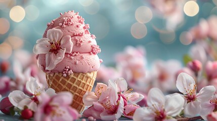 Tempting ice cream cone placed o surface full of pink flowers on blur background