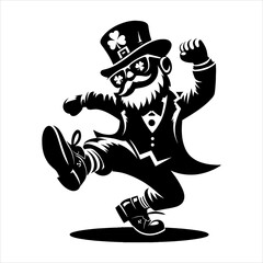 Leprechaun Dance wearing sunglasses, Saint Patrick's Day silhouette style, black and white vector art, minimalist, isolated on white background