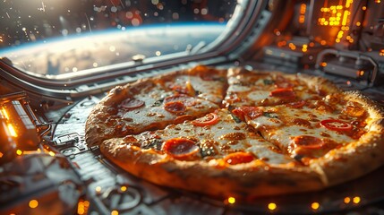 Closeup of delicious pizza placed on spaceship