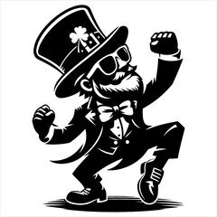 Leprechaun Dance wearing sunglasses, Saint Patrick's Day silhouette style, black and white vector art, minimalist, isolated on white background