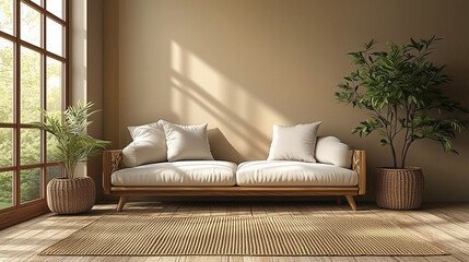 This is a pretty room with a sofa and big plants by the window.