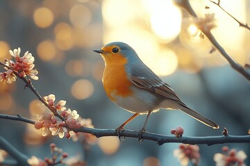 Obraz premium Beautiful small robin bird on a tree branch