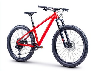 Fototapeta premium High performance mountain bike with a sleek red frame, rugged tires, and advanced suspension system designed for outdoor adventures and trail riding, showcased in a dynamic stock photo