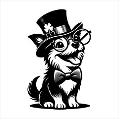 Funny happy dog wearing a hat, bow tie, and glasses illustration for St. Patrick's Day, silhouette style, black and white vector art, minimalist, isolated on white background