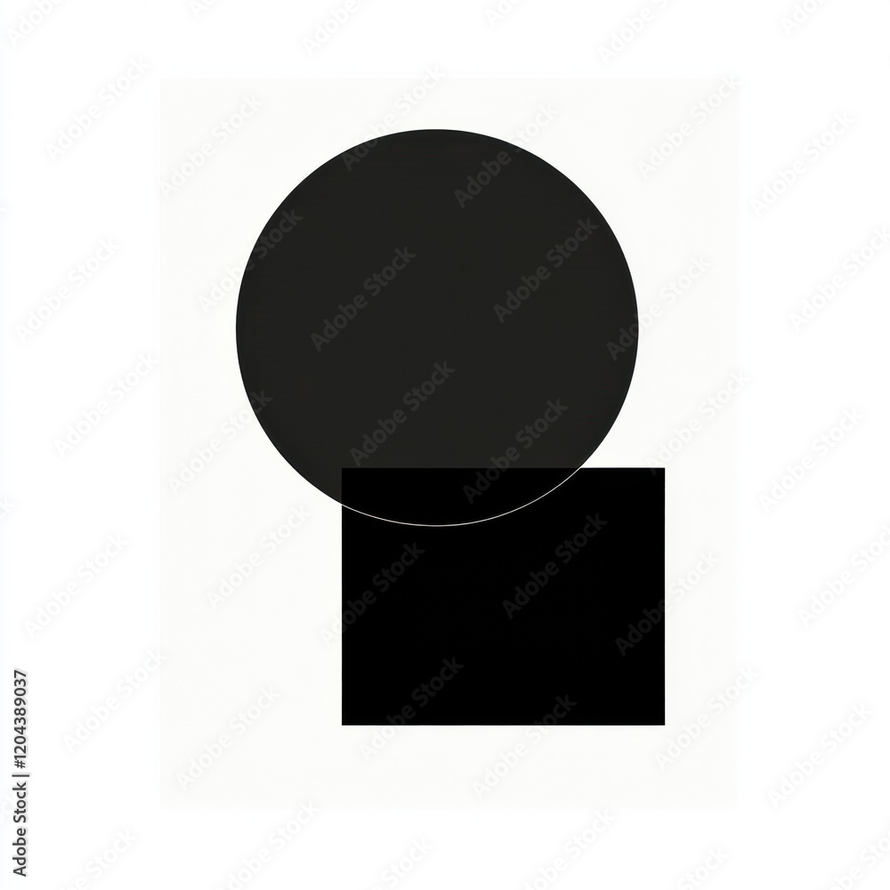 Poster abstract black circle and square composition on a white background showcasing minimalism in design. 