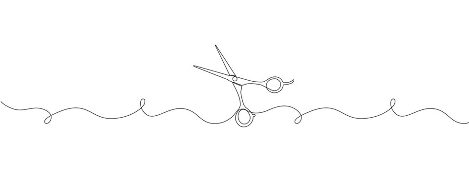 Minimalistic one line drawing of scissors for web banners or hair salon symbols. Editable stroke. Vector doodle illustration .