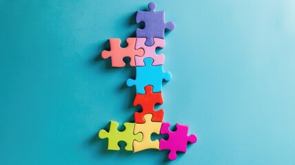 Colorful puzzle pieces arranged in number one shape on blue background for creative design