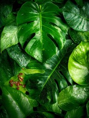 Fototapeta premium Lush Green Tropical Leaves Dark Moody Lighting. AI Generated
