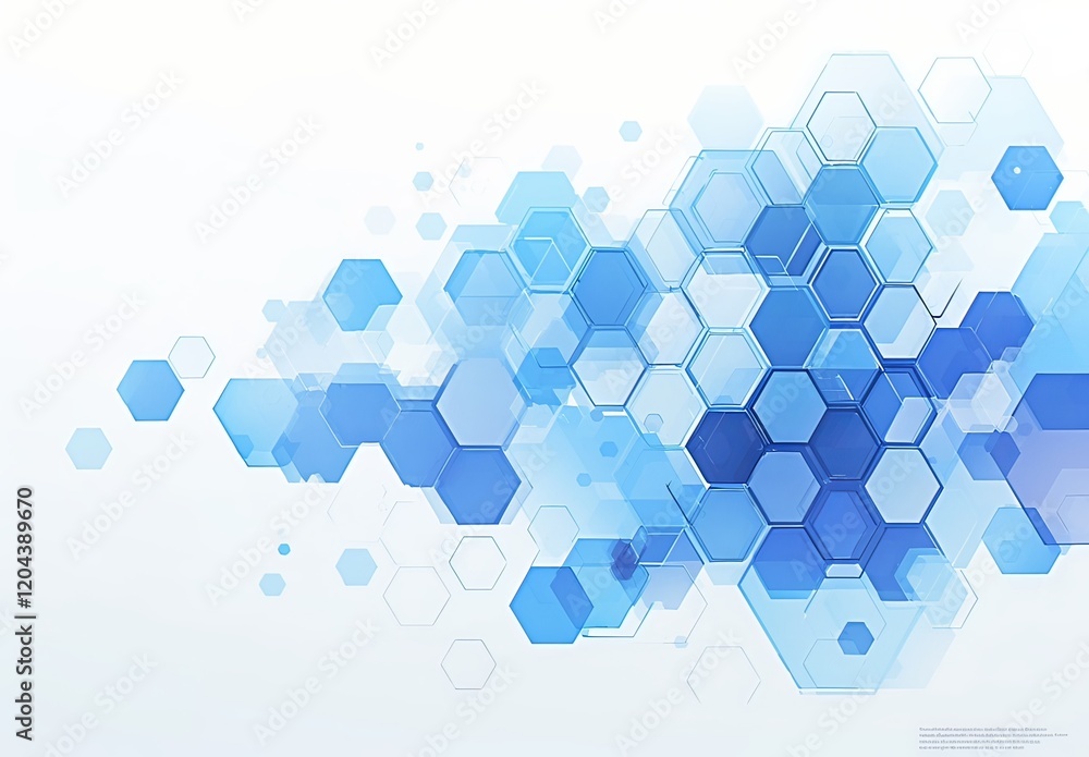 Poster an intricate pattern of blue hexagons on a white background, arranged with space between each honeyc