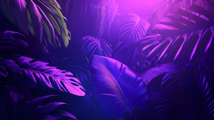 Purple neon light glows through tropical leaves. Neon Jungle. Illustration