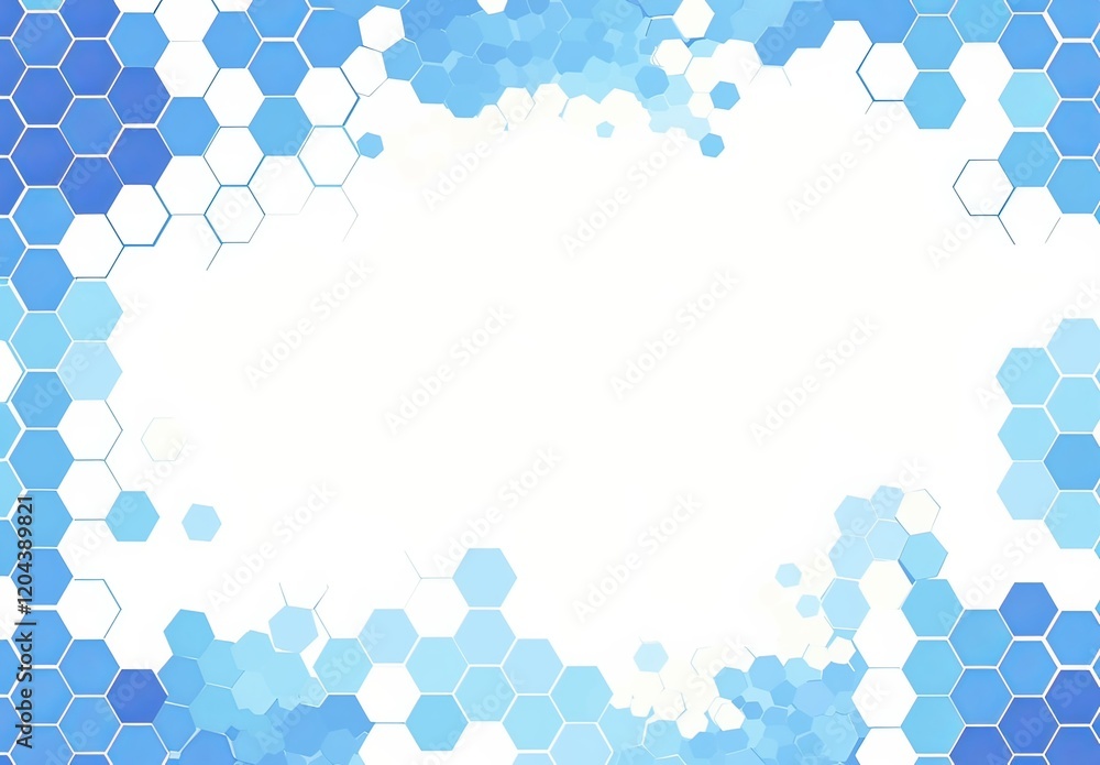 Poster an intricate pattern of blue hexagons on a white background, arranged with space between each honeyc