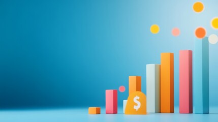 Growing Financial Success - Colorful 3D bar graph showing upward financial growth, with dollar sign, representing increasing profits and investments.