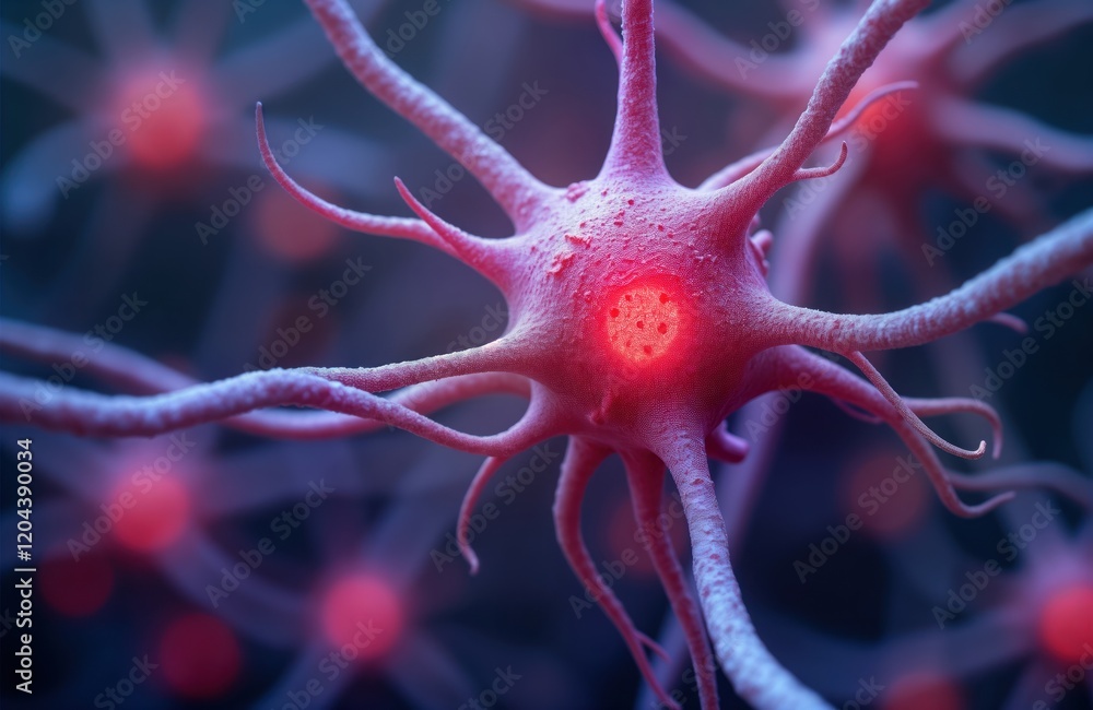 Poster Macro view of complex neuron structure inside human brain. Nerve cell with intricate network, glowing center. Illustration intricate details of biological processes. Micro view shows nerve impulse.