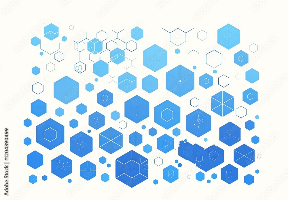 Poster an intricate pattern of blue hexagons on a white background, arranged with space between each honeyc
