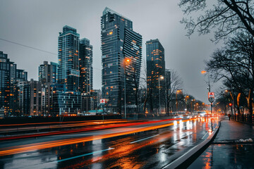 Obraz premium Dynamic Nightscape: City Skyline at Night with Motion Road View