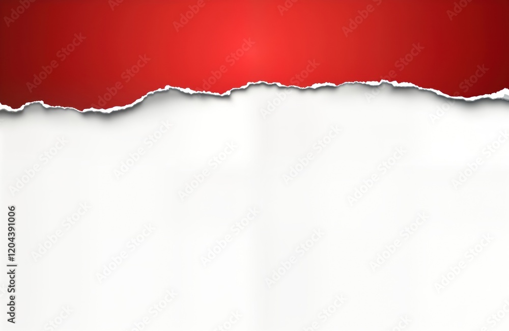 Poster Ripped red paper on white background. Torn edges. Blank space. Abstract design element. Suitable for advertising graphic design. Red, white contrasting colors. Modern aesthetic. Versatile graphic