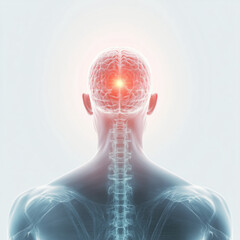 Back view of a transparent human head and neck showing the brain with a glowing neural center, symbolizing neuroscience, brain health, and cognitive function.  
