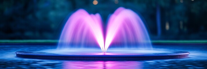 Illuminated Water Fountain at Night - A vibrant purple and blue illuminated water fountain in a dark setting at night. Serene and tranquil.