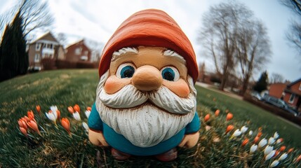 Whimsical garden gnome with a red hat stands amid bright spring flowers in a suburban yard, evoking Easter cheer