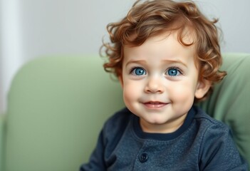Fototapeta premium Portrait of a 3-year-old male toddler with curly brown hair and bright blue eyes