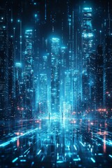 Futuristic neon cityscape with glowing skyscrapers and reflections in a cyberpunk setting