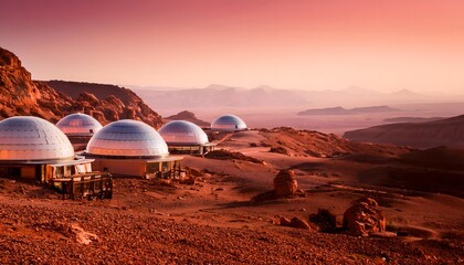 Space Exploration Domes on Mars with Breathtaking Red Planet Horizon