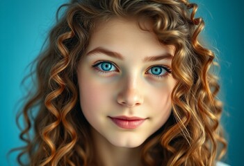 Fototapeta premium Portrait of a 16-year-old female teenager with long, curly brown hair and bright blue eyes