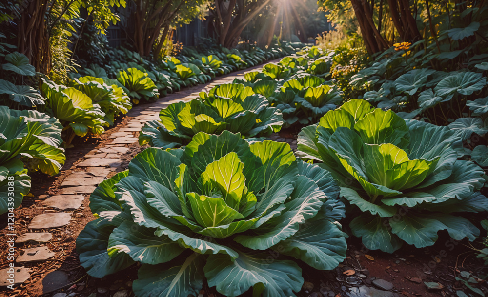 Poster path is lined with large green cabbage plants. the path is surrounded by a forest of green plants