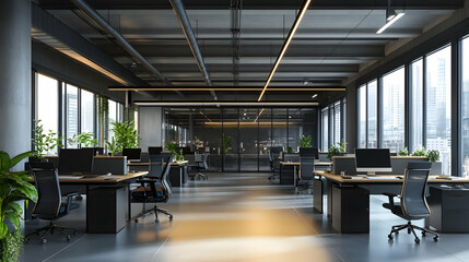 Modern office interior with rows of desks and bright lighting