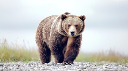 Fototapeta premium Grizzly bear walking towards the camera on a rocky beach.