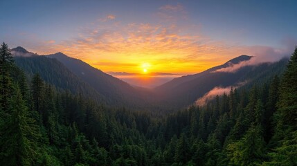 Obraz premium Mountain sunset panorama, valley view, clouds, forest. Use travel brochure