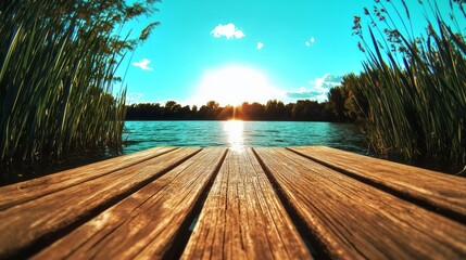 Sunset over peaceful lake from wooden dock, symbolizing tranquility and summer retreat, with vibrant aqua and amber palette