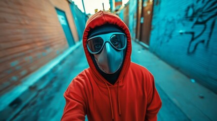 Mysterious individual in a vibrant urban alley, wearing a red hoodie and mask, reflecting Halloween themes and anonymity, captured in a bold street-style palette