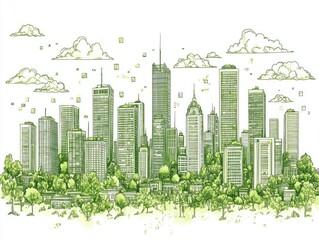 Fototapeta premium Sustainable urban skyline with green architecture and blue sky
