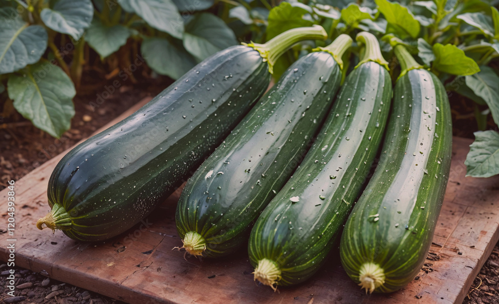 Poster Four large green cucumbers are sitting on a wooden table. The cucumbers are shiny and wet, indicating that they have been recently watered. The table is surrounded by green plants, creating a lush and