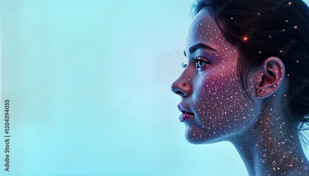 Leinwandbilder Profile view of person with face covered in glowing dots. Modern tech AI face recognition concept. Biometric security system face tracking. Advanced algorithm for data analysis in modern security