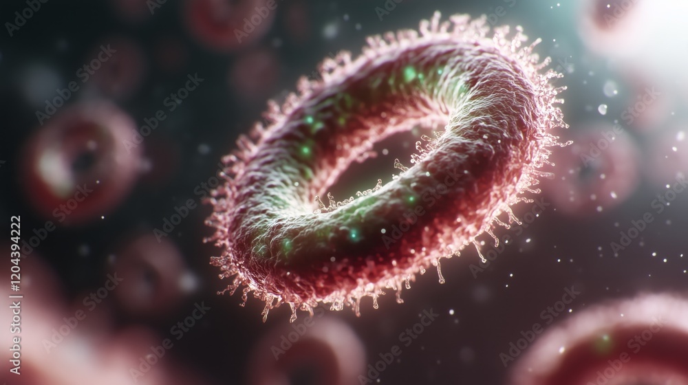 Poster close-up of virus cell with spikes floating in dark background