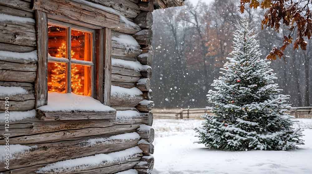 Poster snowy christmas scene with a lit-up tree in a rustic cabin window.