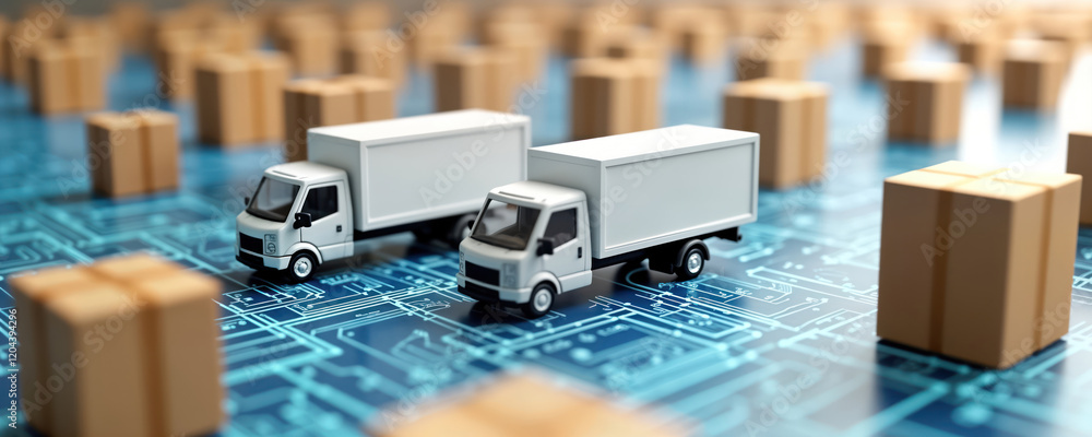 Poster small white delivery trucks move packages on circuit board design. modern tech for global logistics.