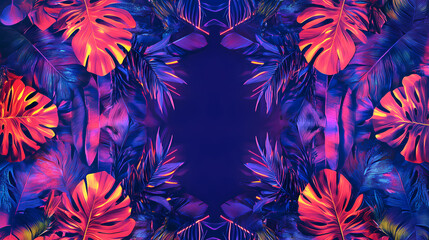 A tropical neon leaves poster, tropic vibrant purple design illustration, jungle summer disco party frame, bright glow floral tropical template. Neon Jungle. Illustration