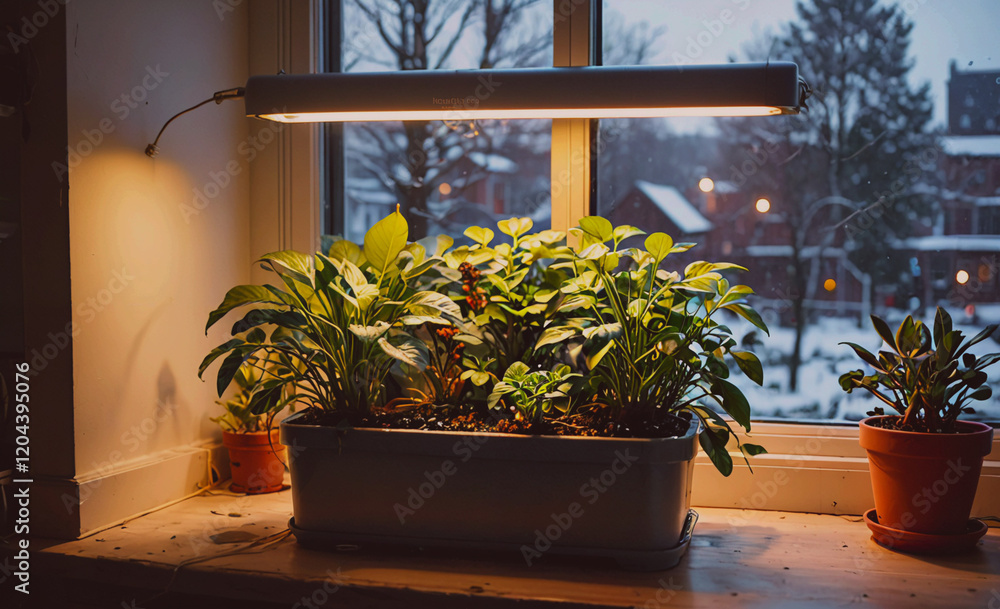 Poster window sill with a plant in a white container and two other plants in smaller containers. the plants