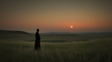 Fototapeta premium Solitary figure in tall grass at sunset, overlooking a vast landscape.